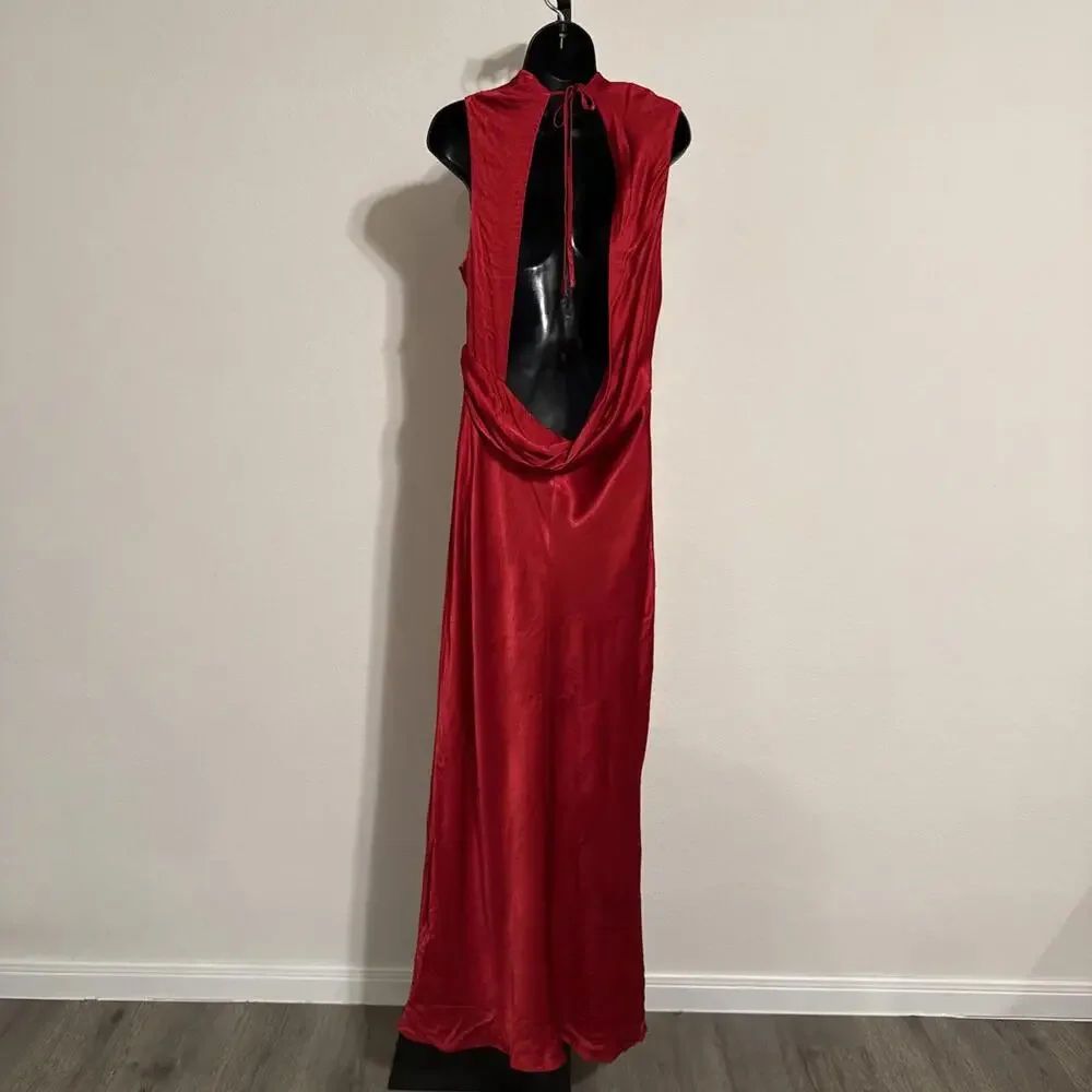 $340 Shona Joy High Neck Red Satin Tatum Cowl Drape Open Back Maxi Dress- US 12 - Picture 6 of 12
